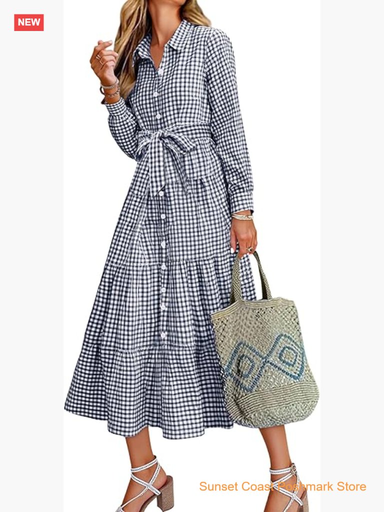 Women Long Sleeve Maxi Dress Button Down Striped Plaid Tie Waist Shirt Dress